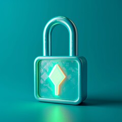 A glowing blue and green padlock icon on a blue background.