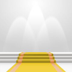 Yellow carpet on stairs with spot lights illuminating a podium. Blank template illustration with space for an object, person, logo, text. Presentation, gala, ceremony, awards concept.