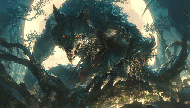 A large, muscular werewolf with glowing red eyes and long fangs is in the moonlight of an enchanted forest. It has black fur that shines like embers on its body. 