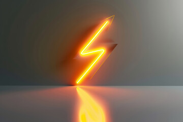 Glowing neon lightning bolt with reflection on smooth surface
