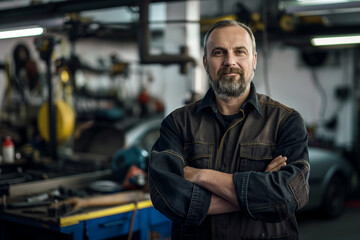 Obraz premium Mechanic man portrait standing in the workshop.
