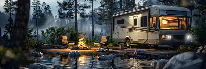 Experiencing Nature's Splendor with all Comfort: A Glimpse into Modern RV Camping Lifestyle - obrazy, fototapety, plakaty