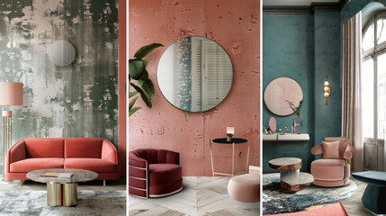 Collage of stylish interiors with round mirrors hangin
