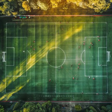 An aerial view of a soccer field during a game