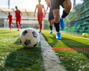 A close up of a soccer ball on the field with players in the background.