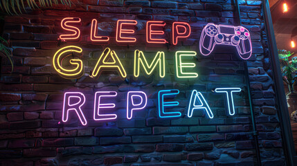 Colorful neon sign with the words Sleep, Game, Repeat