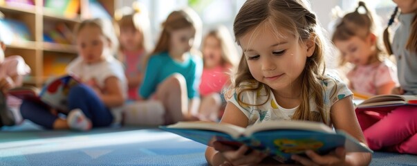 A focused girl child is engaged in reading a book among other kids in a colorful kindergarten room.