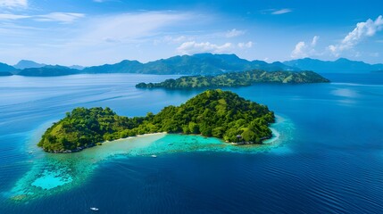 Fototapeta premium At sundown, a green island in the endless, serene turquoise sea.