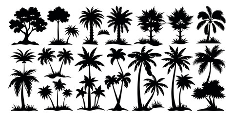 a collection of black and white illustrations of trees.