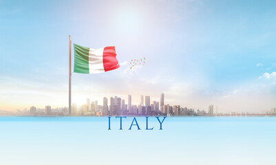 Italy national flag waving in beautiful building skyline.