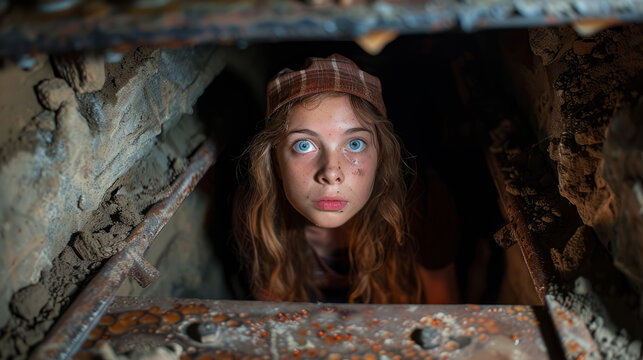 Teenage girl looking anxiously in a dark, eerie setting