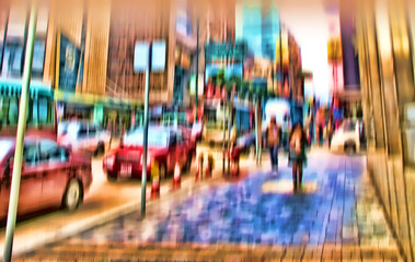 City, blurred and people walking on sidewalk for morning commute with motion, population and social...