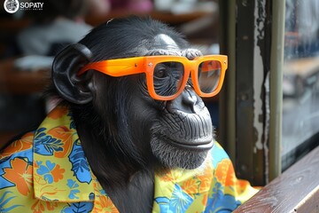Fashionable chimpanzee in vivid attire with orange sunglasses and colorful hawaiian shirt