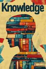 Striking minimalistic art illustration featuring human silhouette, composed of a vast library of books in vibrant colors. Vertical banner, stories, cover.