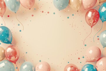 Pink, blue and gold balloons on a cream background with polka dots.