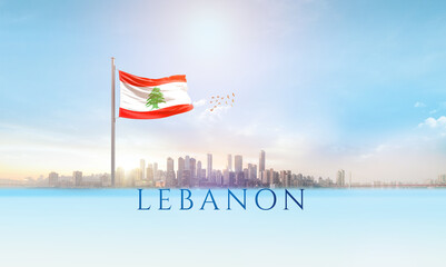 Lebanon national flag waving in beautiful building skyline.