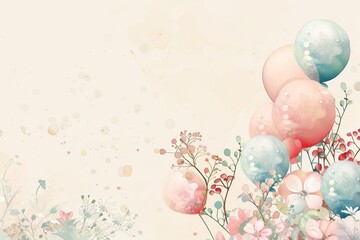 A watercolor painting of pastel colored balloons and flowers on a beige background.