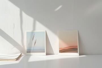 /imagine: prompt: Two landscape photographs on a white table. One is of a beach, the other is of a sunset.