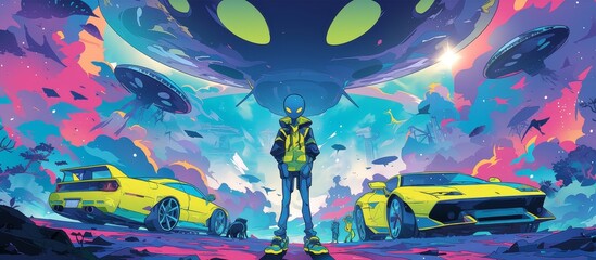 A psychedelic alien with a human body, standing in front of a UFO with other aliens on the ground next to their vehicles, trippy artwork