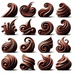 series of twelve chocolate swirls, each with a unique shape and design, against a white background