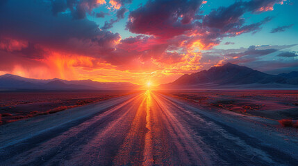Stunning sunset over a remote desert road with dramatic clouds