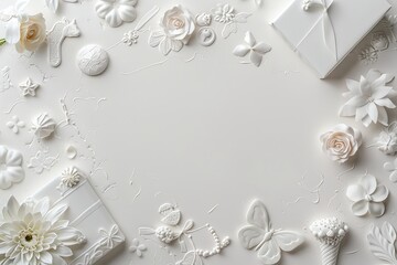 White textured background with a frame of white flowers and gifts