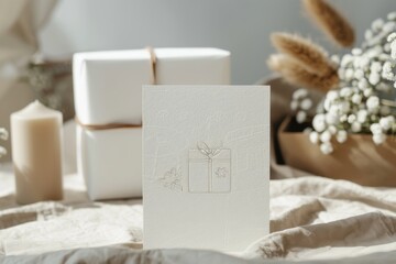 A close-up of a white textured card with a present on it. There are candles and flowers in the background.