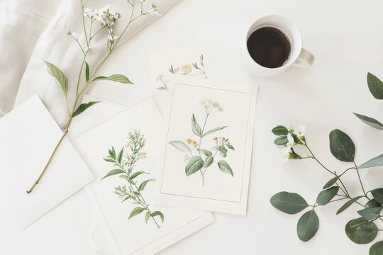 A cup of coffee on a white table next to some botanical drawings and flowers.