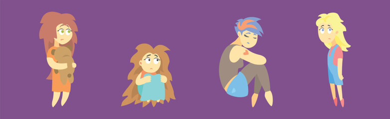 Depressed Sad Teen Girl Character with Depression Vector Set