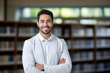 A smile student arab men holding book portrait library adult