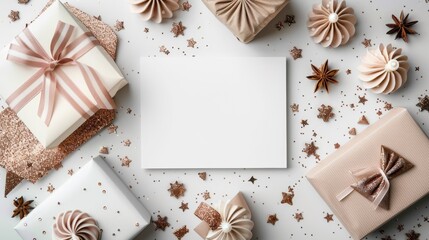 Fototapeta premium Flat lay composition with gifts, decorations and blank card.