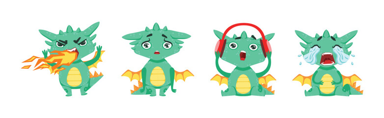 Funny Baby Dragon Character Engaged in Different Activity Vector Set