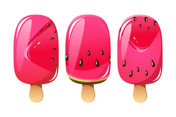 Watermelon ice cream set, fruit popsicle on a wooden stick with pieces of watermelon. Watermelon ice cream. Summer cold dessert, frozen juice, fruit ice. Vector illustration.