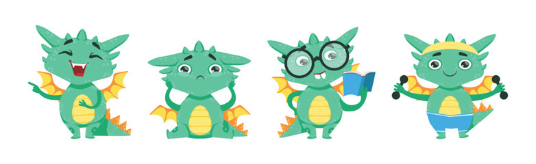 Funny Baby Dragon Character Engaged in Different Activity Vector Set