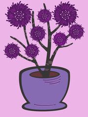 Purple potted plant illustration, bright blooms and branches