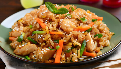 A colorful and appetizing Chinese-style chicken and vegetable fried rice dish, garnished with sesame seeds
