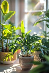 A variety of lush indoor plants in pots enjoying the warm sunlight filtering through a window