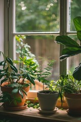 Collection of green potted houseplants elegantly displayed on a windowsill with raindrops on glass