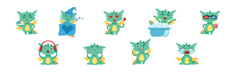 Funny Baby Dragon Character Engaged in Different Activity Vector Set
