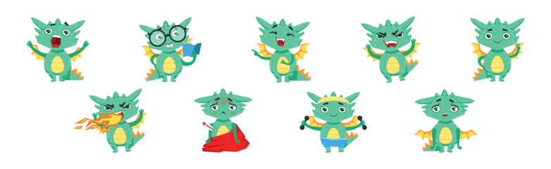 Funny Baby Dragon Character Engaged in Different Activity Vector Set