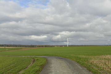 Obraz premium Éolienne se dressant sous un ciel gris dans un paysage rural à Ghislenghien (Ath)