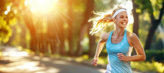 Closeup of a young woman runner jogging through the serene and picturesque park environment