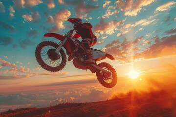 This captivating image features a motocross biker performing a high jump against a breathtaking sunset sky