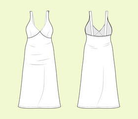 Front and Back View of Ladies' Nightwear Long Dress Fashion Flat Sketch.