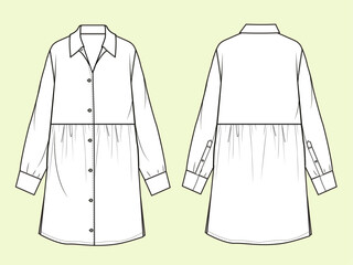Silent Elegance: Front and Back View of Nightwear Long Sleeve Ladies Shirt Fashion Flat Sketch