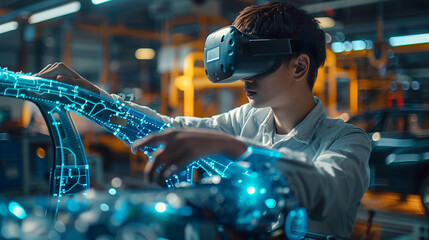 An engineer in a virtual reality headset meticulously adjusts a holographic car model in a technologically advanced workspace..