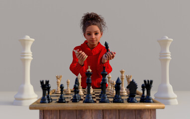 A Jewish girl with hair in an updo, dressed in a red sweater, holding chess pieces and sitting in front of a chess board. Two giant white chess queens in the back. 3D illustration. 