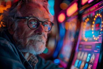 An individual is captured in front of the intense colors and myriad details of arcade style casino games, exuding curiosity and anticipation