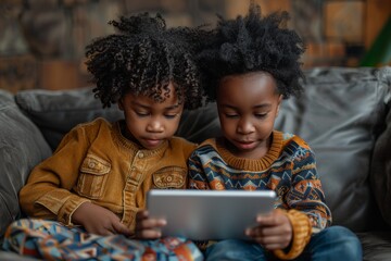 Two adorable siblings engage with a tablet, sitting closely together on a comfortable couch