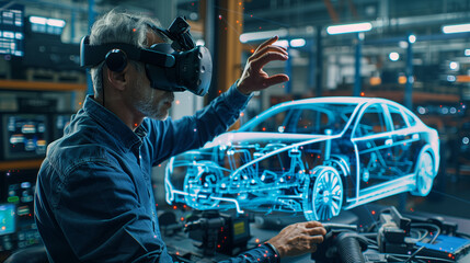 An experienced engineer utilizes virtual reality equipment to design and interact with a 3D car model in a modern laboratory..